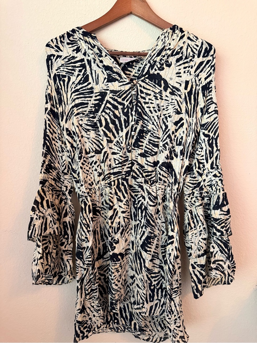 Parker Black Cream 100% Silk Flare Sleeve Tiered Mini Dress